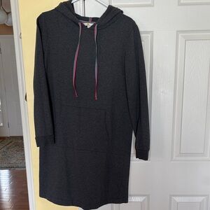 Boden Dark Charcoal Hoodie Dress with Pink & Green Drawstrings